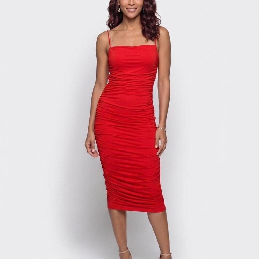 Oh Polly Red Ruched Spaghetti Strap Bodycon Midi Dress US 6